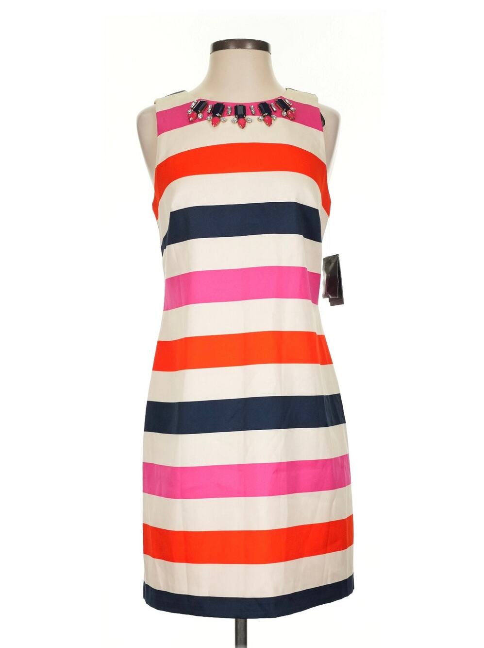 Vince Camuto Embellished Jewel Neck Striped Satin Shift Dress Sz. 4